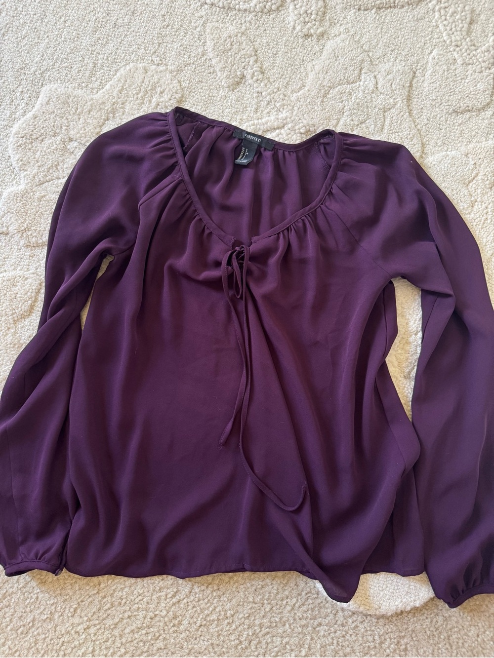 Forever 21 Women's Long-Sleeve Tie-Neck Blouse in Deep Plum